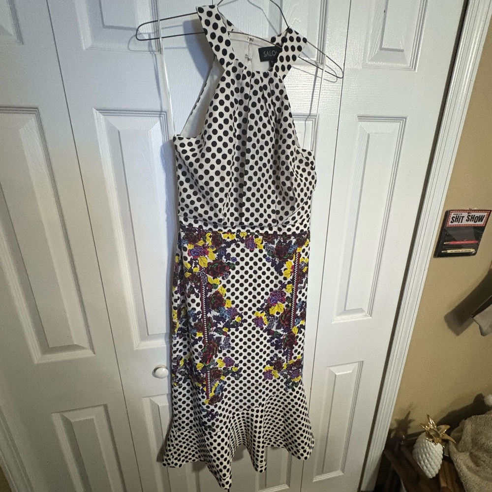 SALONI Black and White Polka Dot Midi Dress with Floral Accents